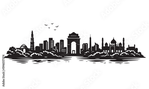 Delhi Skyline Silhouette with Scenery, Silhouette Vector, Isolated on White Background