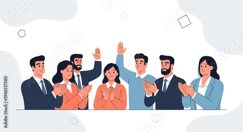 Team Applauding and Waving in Celebration, Business Success and Teamwork Concept