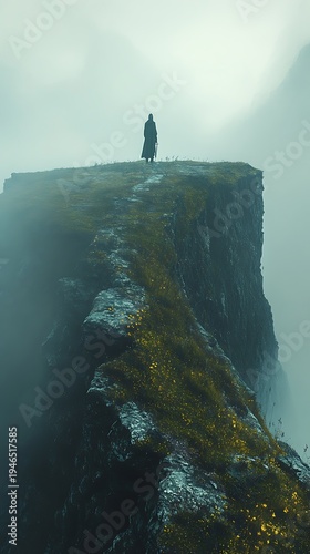 Solitary figure atop misty precipice conveys a sense of isolation and adventure