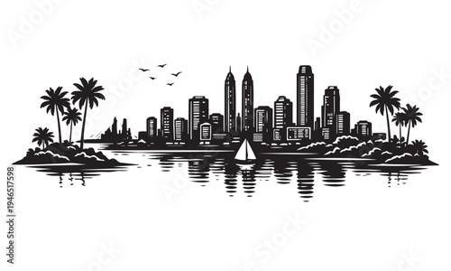 Mumbai Skyline Silhouette with Scenery, Silhouette Vector, Isolated on White Background