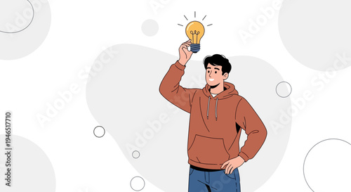 Man Holding Light Bulb Above Head, Symbolizing Idea and Innovation