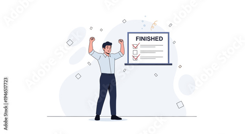 Man celebrating finishing task on checklist, project completion, success concept