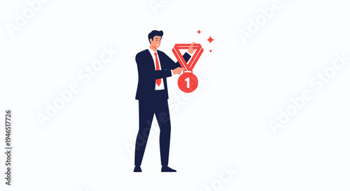 Businessman holding a first place medal, concept of success and achievement