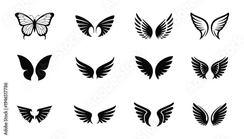 Wing Silhouette Collection: Heraldic Bird, Angel, and Butterfly Wings Vector Set