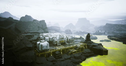 Fotografie Coastal research outpost by toxic lagoon, modular white habitats and sensor arra
