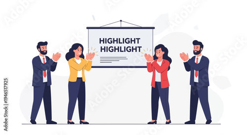 Business team applauding successful presentation on screen with highlight text