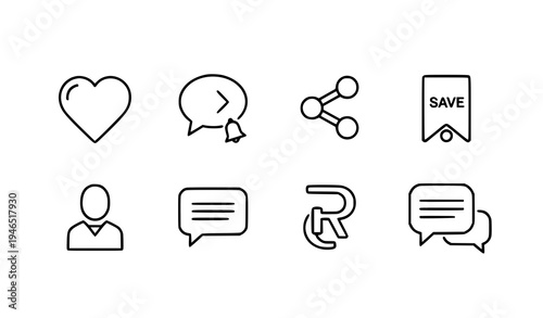 Flat Outline Social Media Icons Collection Like Comment Share Save Vector UI Symbols