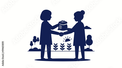 Two people exchanging a potted plant in a garden with plants and trees