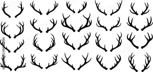 Deer Antlers Silhouette Collection Set with Various Stag Horn Shapes for Hunting Logos, Wildlife Emblems, Tattoo Designs, Rustic Decor, and Vector Illustration