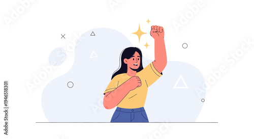 Woman celebrating success with raised fist and sparkling stars, empowerment concept