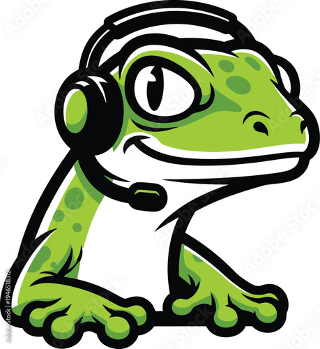 A stylized green cartoon frog character wearing headphones and smiling cheerfully