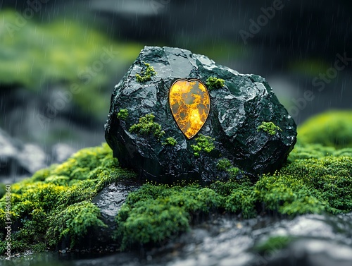 Heart-shaped amber stone nestled on mossy boulder in soft rain shower