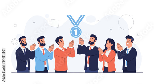 Team Applauding for First Place Winner, Celebrating Success with Medal