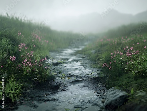 Misty mountain path with vibrant wildflowers, flowing stream and lush vegetation