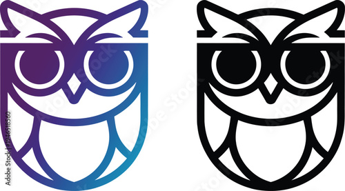 A stylized owl character wearing purple glasses with a smiling expression