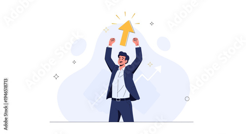 Successful businessman celebrating with upward arrow, symbolizing growth and achievement
