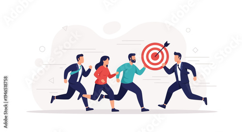 Team Running Towards Target Goal, Business Success and Teamwork Concept