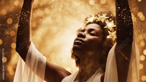 Woman with Star Crown and Magical Bokeh Lights