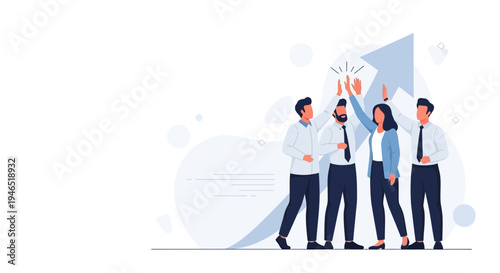 Teamwork success: Business people celebrating victory with high fives and upward graph