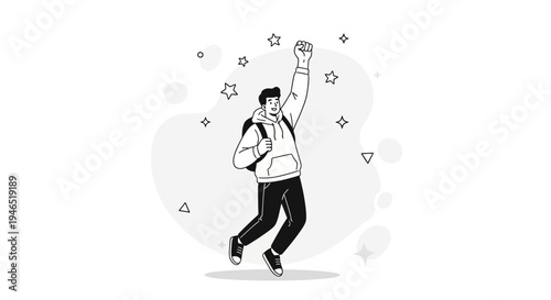 Excited student jumping with fist raised, celebrating success, surrounded by stars
