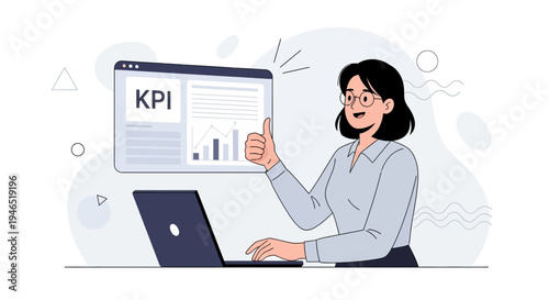 Woman giving thumbs up at KPI dashboard on laptop, business success concept