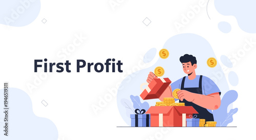 Man Unboxing First Profit: Coins and Gifts, Business Growth Concept