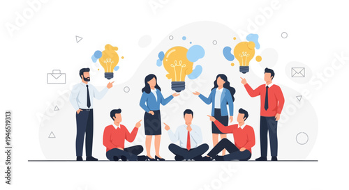 Teamwork and Innovation: People brainstorming ideas with lightbulbs