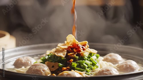 Steaming Hot Pot With Meatballs, Noodles, and Garnishes Served in a Traditional Asian Restaurant