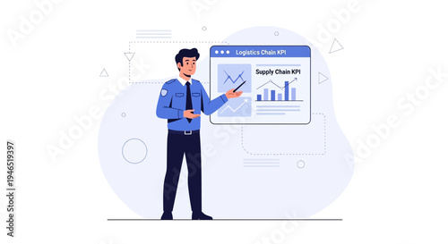 Business man presenting supply chain KPIs on a digital dashboard, logistics analytics