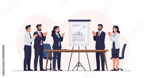 Business team applauding success at presentation with graph on whiteboard