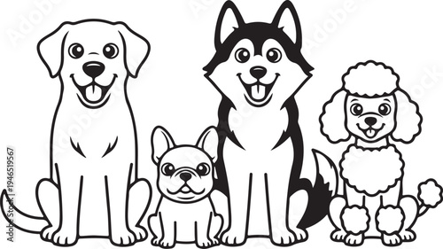 Four cartoon dogs sitting together in a row