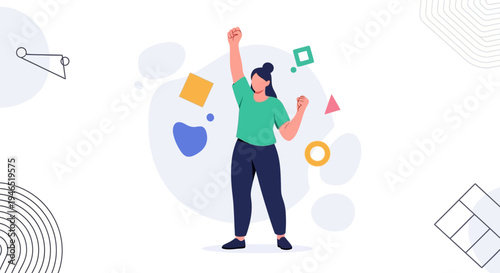 Woman celebrating success with raised arms, abstract shapes, modern flat illustration