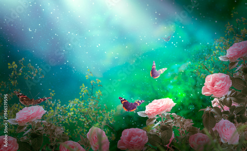 Fantasy rose flowers and flying butterflies in magical blooming garden in fairy tale elf forest, fairytale glade background, elven magic wood with shining glowing rays, tranquil landscape scene.