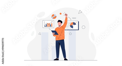 Man celebrating success with financial charts and graphs, business analytics concept