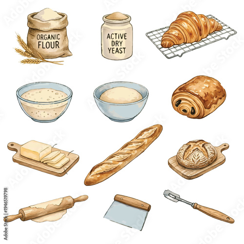 Vector illustration set of different types of bread and bakery items including croissant baguette loaf cake donut and buns isolated as a food collection