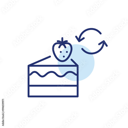 Cheesecake with strawberry and renew symbol. Fresh food and recycling, menu update. Pixel perfect, editable stroke vector icon