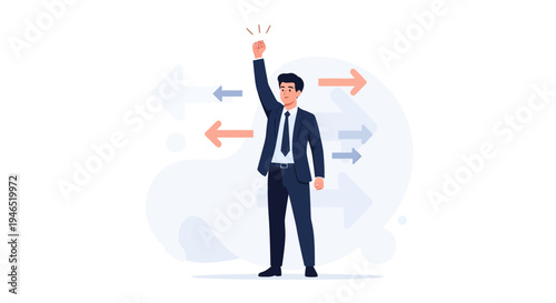 Businessman raising fist in victory with arrows pointing in different directions