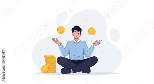 Man meditating with coins, juggling money, financial balance, wealth concept