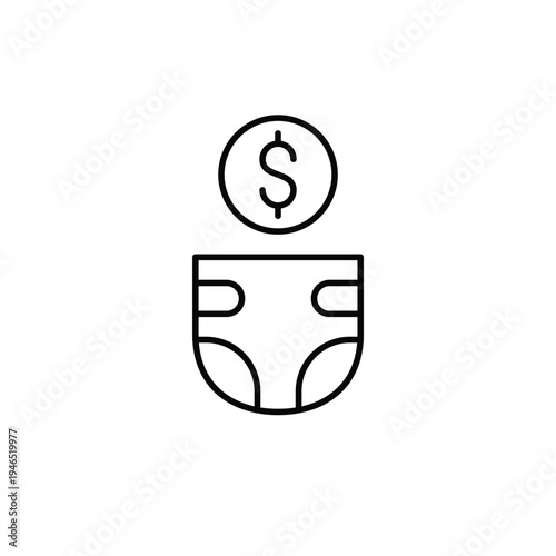 Baby diaper and dollar. Childcare cost, baby expenses, family budget and shopping. Pixel perfect, editable stroke vector icon