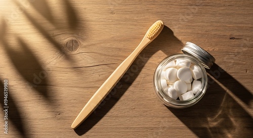 Ecofriendly Bamboo Toothbrush and Natural Toothpaste Tablets on Wooden Surface.
