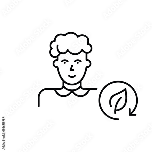 Female user avatar, eco refresh, green profile renewal, sustainable identity update. Pixel perfect, editable stroke vector icon