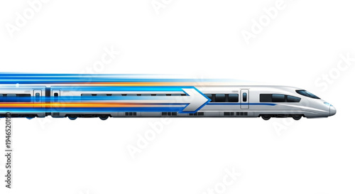 Modern High-Speed Train Traveling at Fast Speed on White Background with Motion Blur