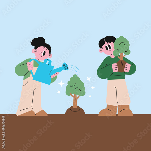 People planting and watering a young tree in the ground. Flat illustration of man and woman gardening and planting trees.