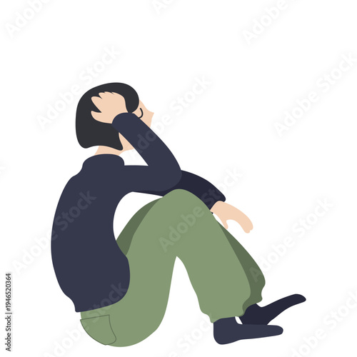 膝を抱えて座り込み悩み事や考え事をする若い女性のフラットデザインイラスト