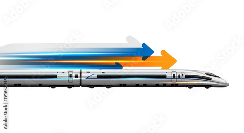 Modern high-speed train illustration with abstract blue and orange motion lines
