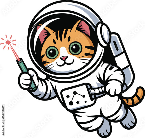 A whimsical cartoon cat dressed as an astronaut exploring space