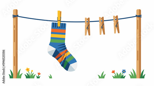A lone sock hangs on a clothesline with clothespins in a garden.