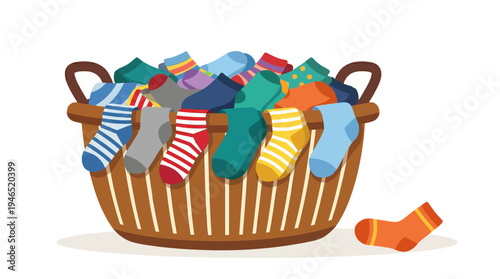 A laundry basket overflows with colorful socks on a clean surface with one sock fallen.