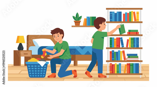 Illustration of two boys tidying up their bedroom, one is folding clothes and the other is arranging books on a shelf