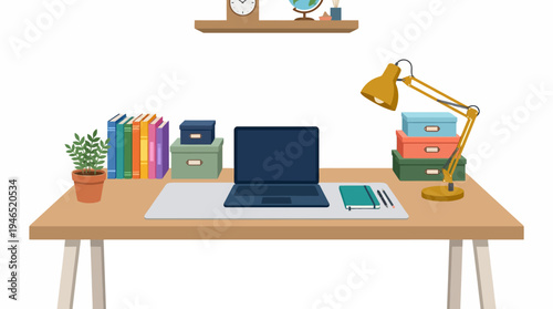 A well-organized desk with a laptop, books, and desk lamp, showcasing a productive and tidy workspace for remote work or study